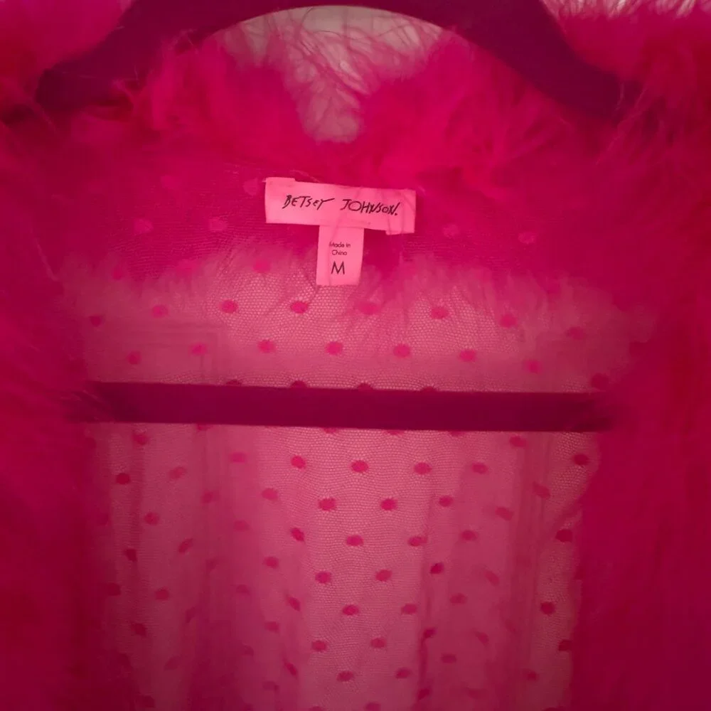Betsey Johnson Pink Sheer Robe with Feather Boa Trim - Picture 4 of 11